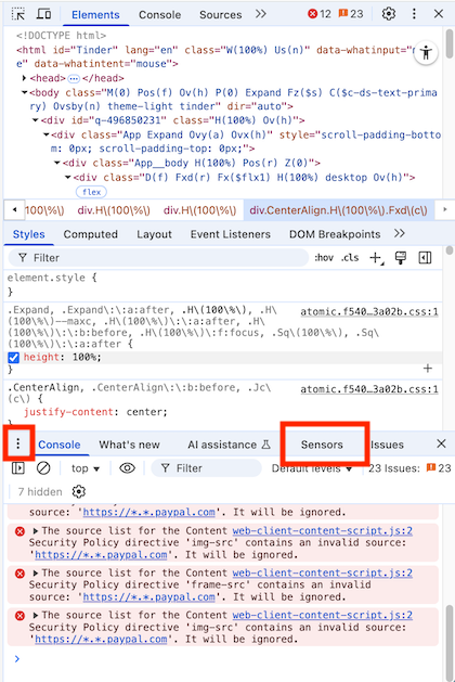Zakładka „Sensors” w narzędziach deweloperskich Chrome