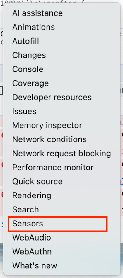 Panel „Sensors” w narzędziach deweloperskich Chrome